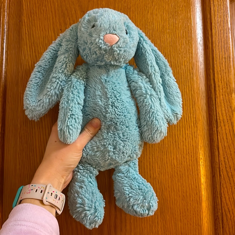 π©΅ RETIRED JELLYCAT AQUA BUNNY RABBIT MEDIUM BASHFUL SPRING TEAL BLUE - Picture 2 of 7